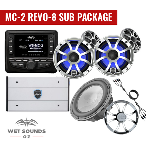 Wet Sounds MC-2, REVO 8 Speakers (2 pairs), REVO 10 FA Subwoofer & HTX-6 Amplifier Package